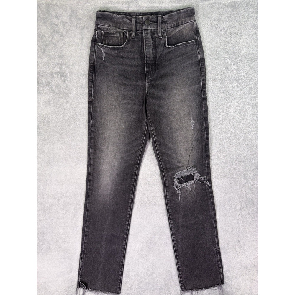 Good American Jeans Womens 0 Black Denim Good Boy High Rise Slit Raw Hem